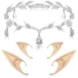 6854 Elf Ears With Crown Set, Fairy Crown Rhinestone Leaf Tiara